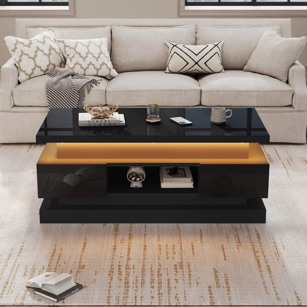 Tavolino elevabile nero con LED, 2 cassetti e porta USB