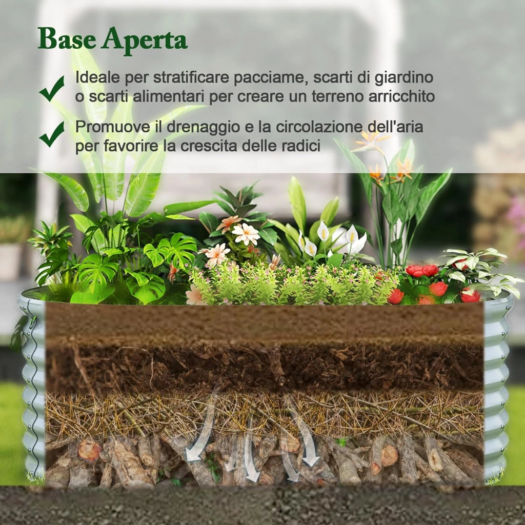 Letto da Esterno Rialzato in Metallo, Aiuola Rialzata in Ovale con Design a Fondo Aperto, Protettori d'Angolo Rinforzati, Orto Rialzato da Esterno per Verdure, Fiori, Erbe Aromatiche (Grigio)