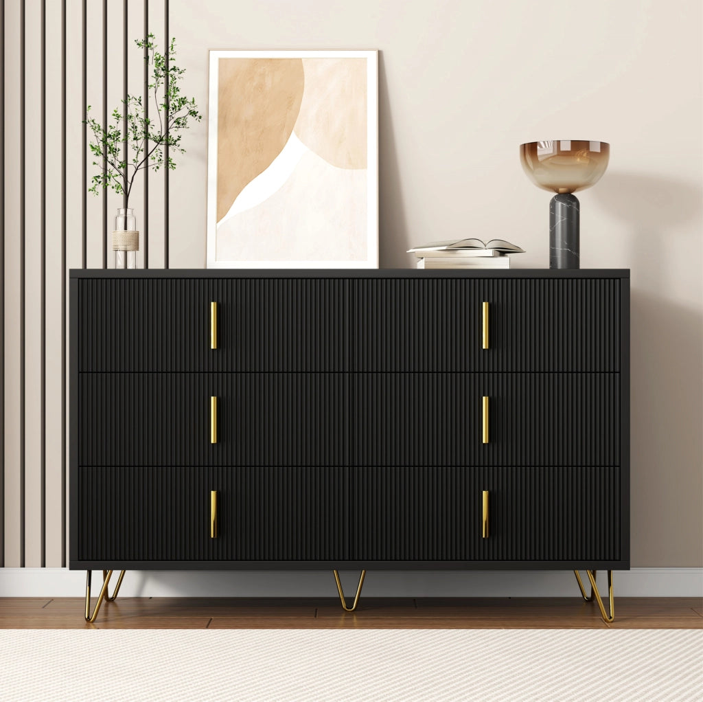 Credenza moderna a 6 cassetti 120x40x77 cm in truciolare nero e oro