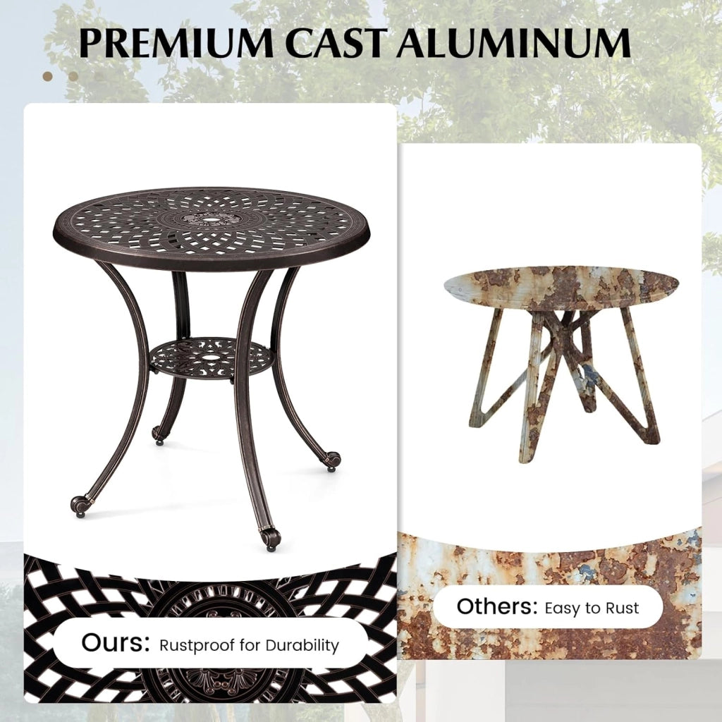Tavolo da giardino rotondo da balcone φ79 cm, con foro per ombrellone φ5 cm e ripiano inferiore, in alluminio pressofuso, resistente alle intemperie, tavolino da pranzo, tavolino da caffè per