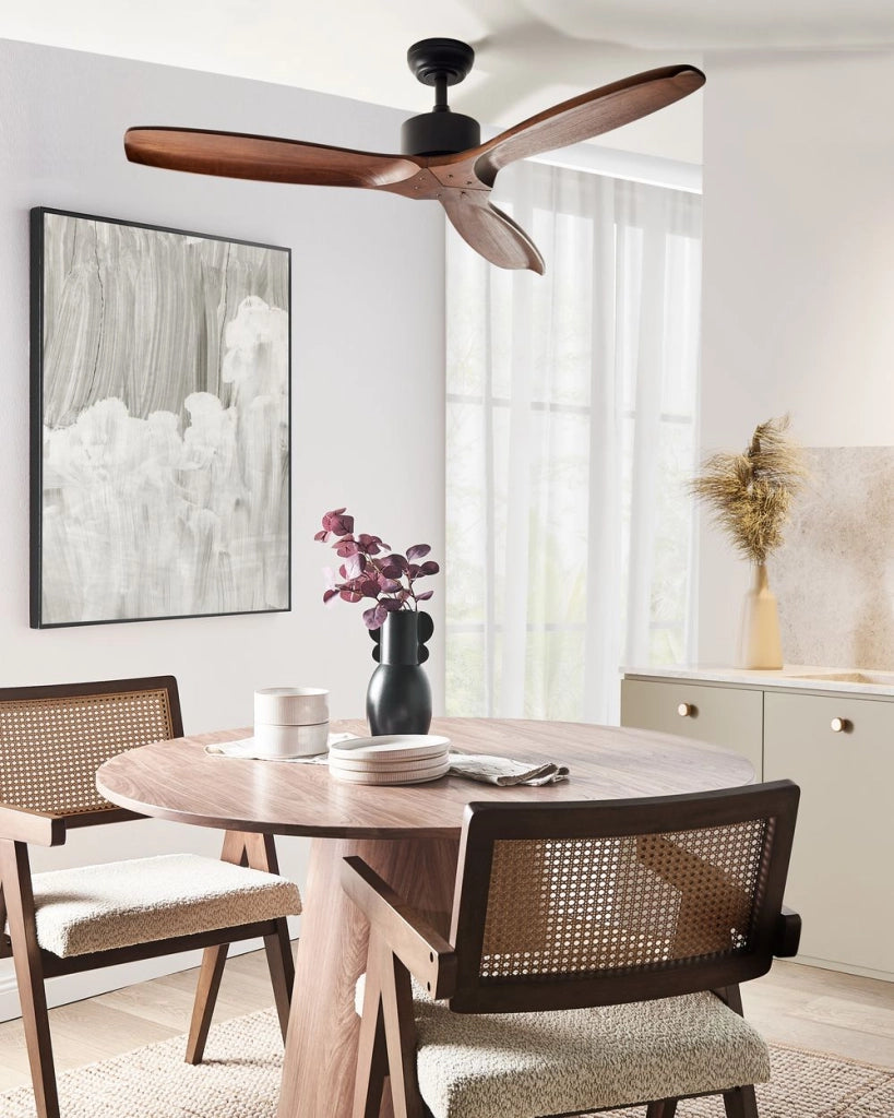 Ventilatore da soffitto in legno massiccio marrone scuro Telecomando 5 opzioni di velocità Soggiorno rustico tradizionale Camera da letto