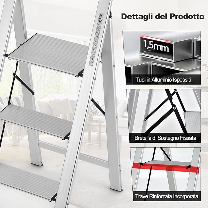 Scala Pieghevole in Alluminio a 3 Gradini, Scaletta Salvaspazio con Corrimano, Ampi Pedali e Piedini Antiscivolo, Telaio in Alluminio Robusto e Leggero, Portata 150kg