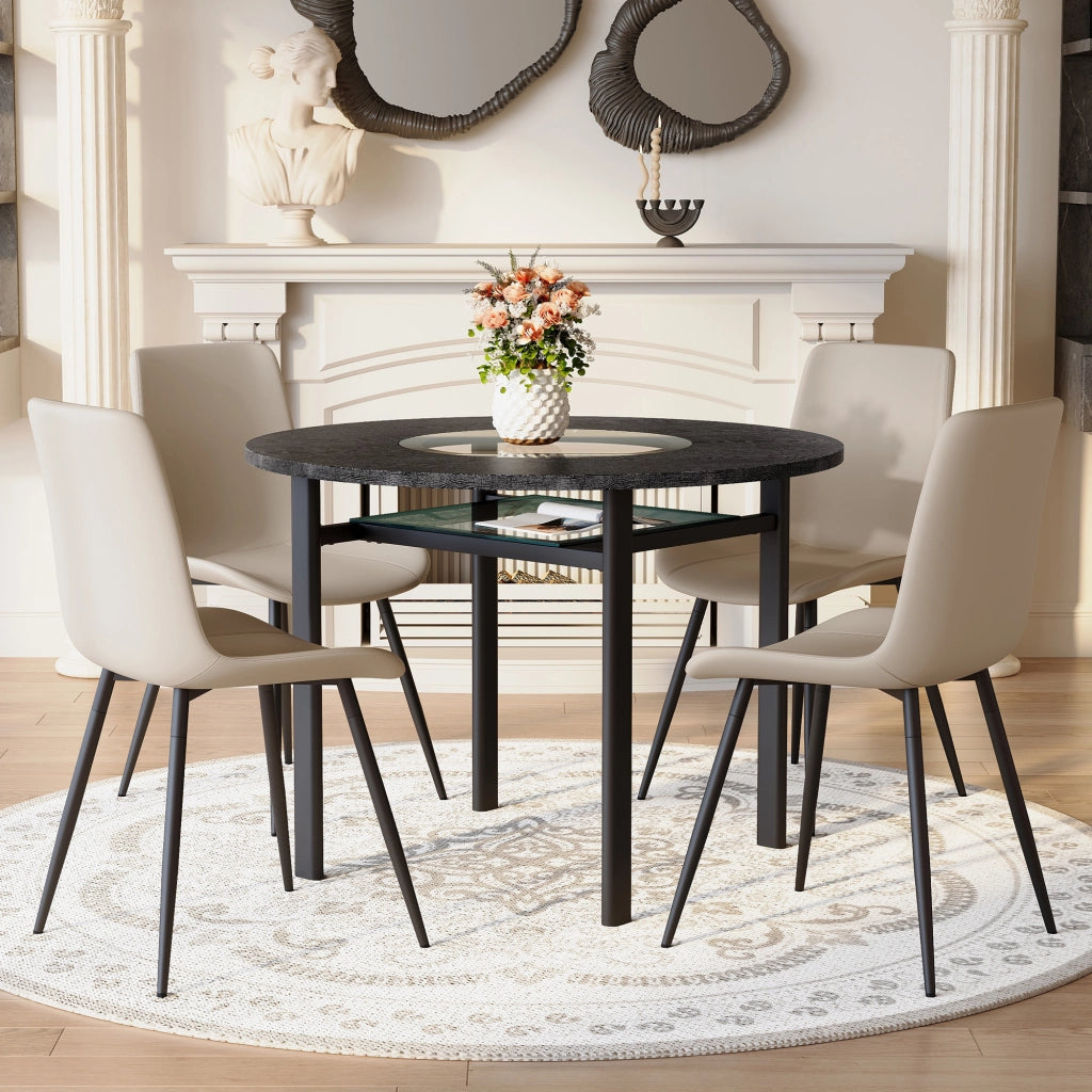 Tavolo da pranzo rotondo con ripiano in vetro e 4 sedie in PU con schienale ergonomico nero e grigio caldo Ø 100 cm