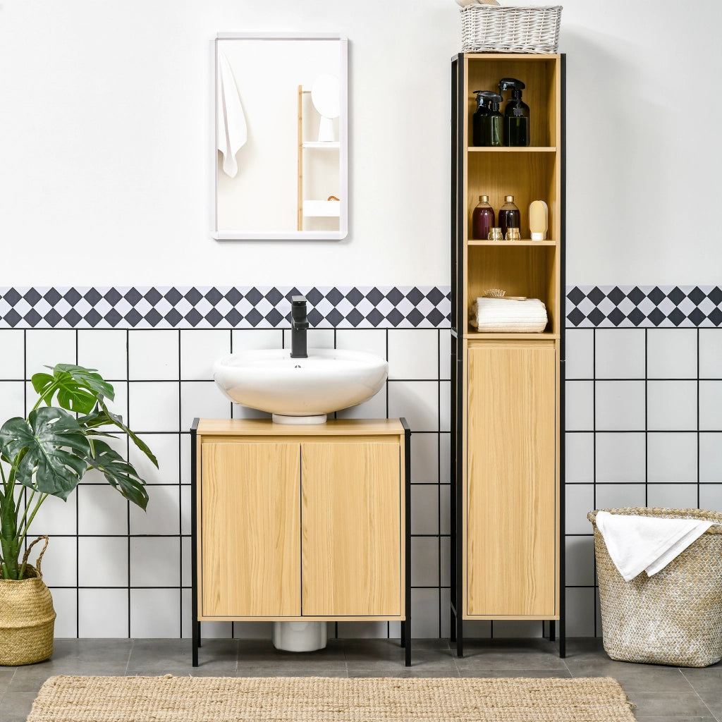 Mobile Sottolavabo per Bagno in Legno con 2 Ante e Ripiano 60x30x65,2 cm ¨C zephmum ¨C Rovere