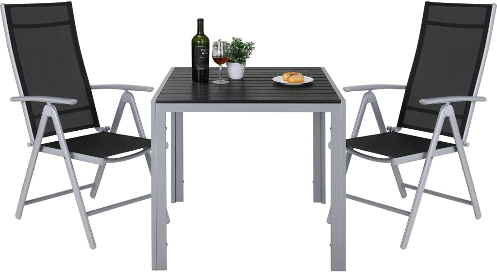Set Giardino Esterno 3 Pezzis, Aluminium Tavolo da Giardino con Sedie, Tavolo e Sedie da Balcone, 2 Sedie Pieghevoli e Tavolino 75x75 cm, Salottino da Giardino Esterno 2 Posti, Grigio argento
