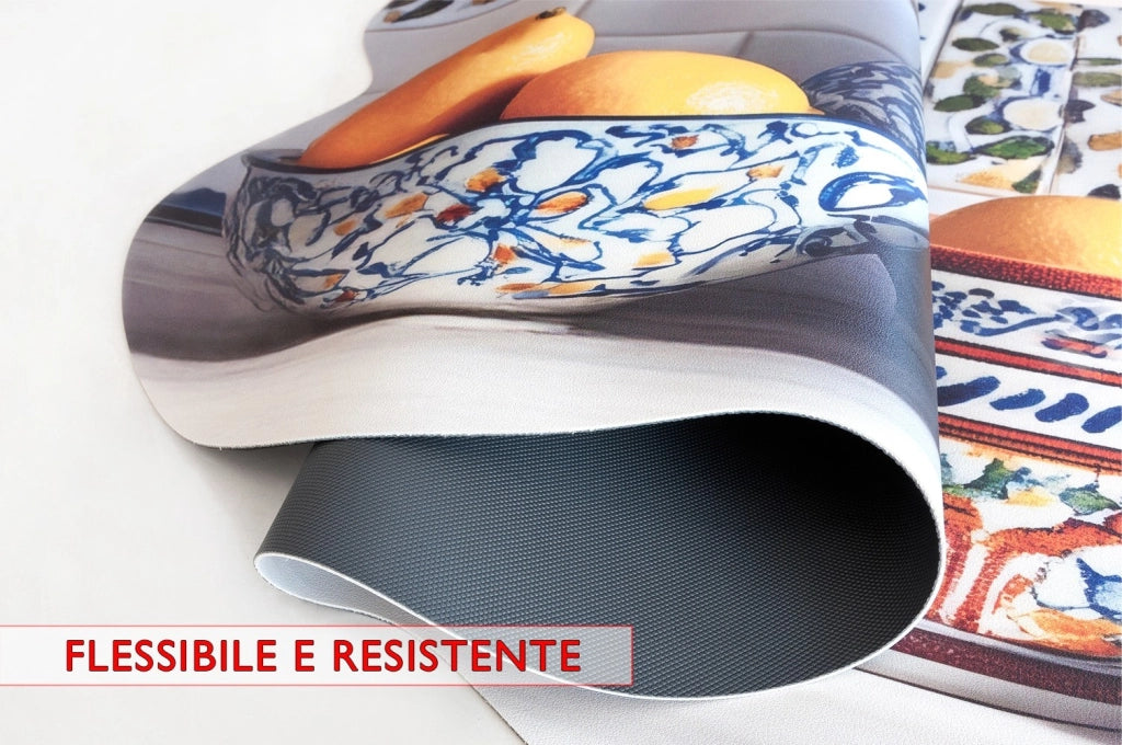 Tappeto Cucina Maiolica Rustica Stampa Digitale HD Limoni Gomma Pvc Sagomata Antimacchia 50x180 cm
