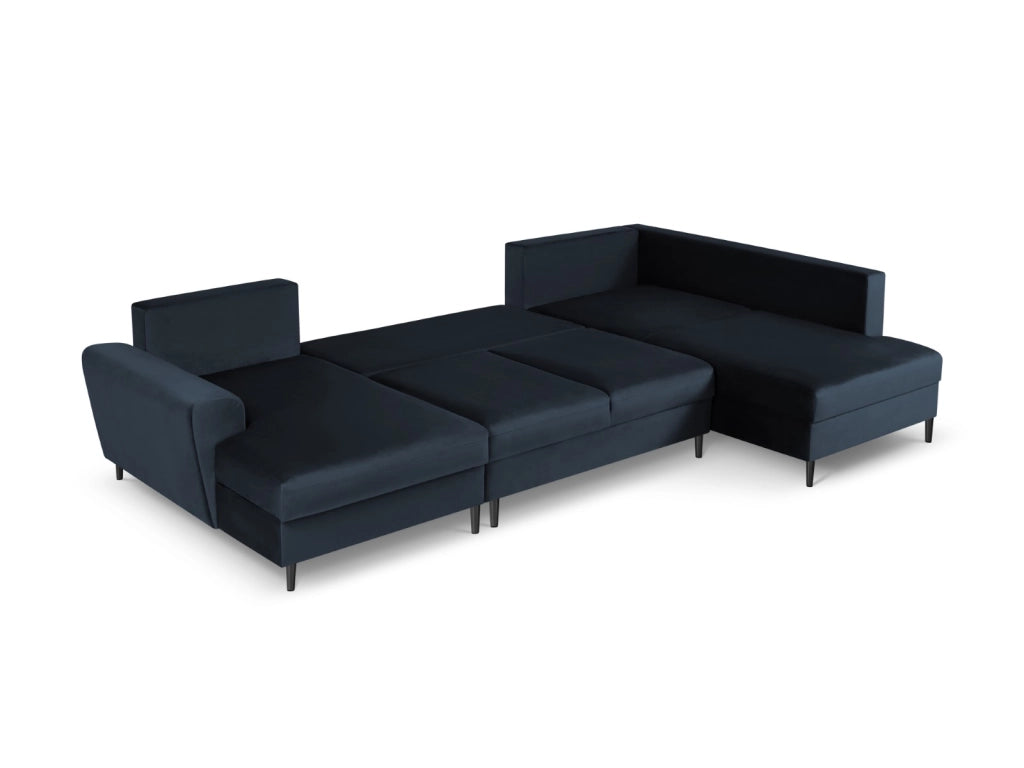 Cosmopolitan Design - Divano panoramico convertibile destro con contenitore "Kyoto" 7 posti in velluto blu scuro 