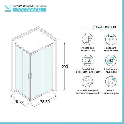 Box doccia angolare 80x80 cm doppio scorrevole in cristallo trasparente Ted