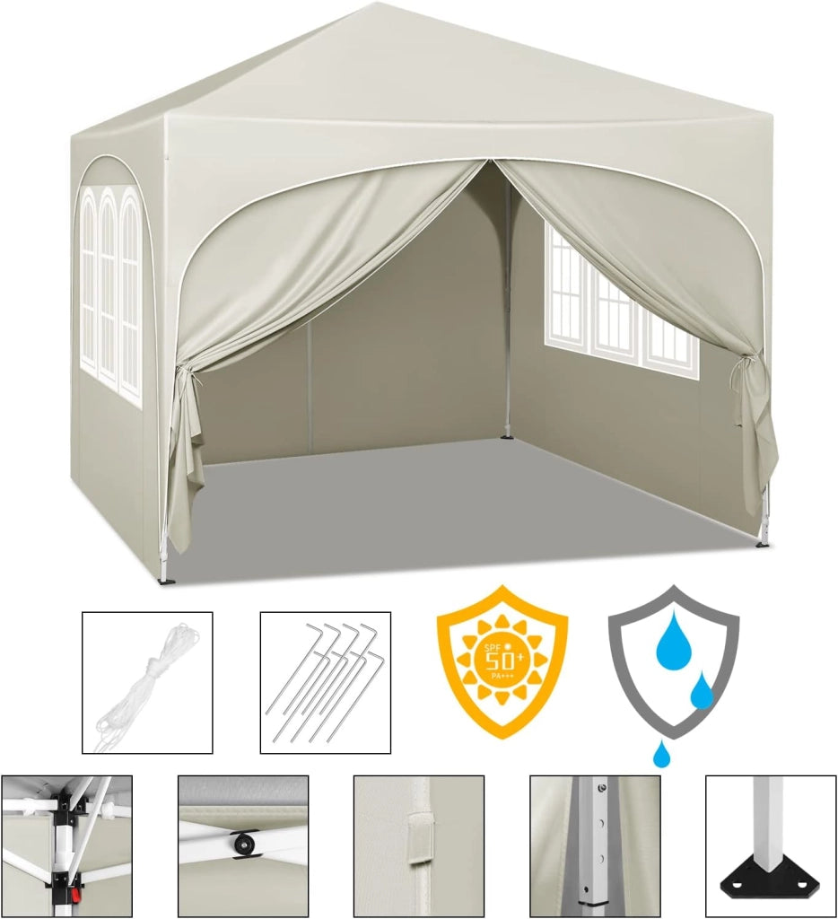 Gazebo Pieghevole da Giardino, Gazebo Idrorepellente Pop Up da 3x3m Pannelli Laterali, Tendone Esterno, Altezza Regolabile, Protezione UV, con Custodia Beige