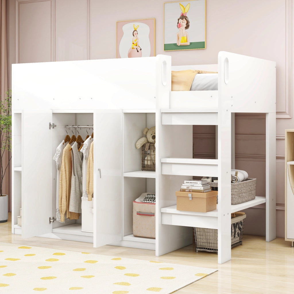 LETTO A CASTELLO 90 x 200 cm con scala, armadio e ripiani, bianco