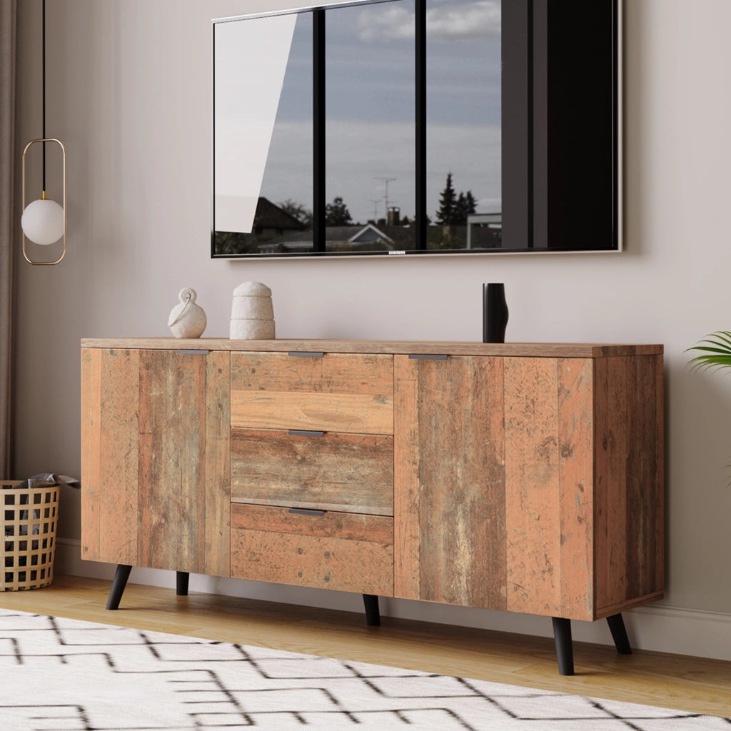 Mobile porta TV con 3 cassetti e ripiani regolabili, per soggiorno, in truciolato, marrone vintage, 140 × 35 × 70 cm