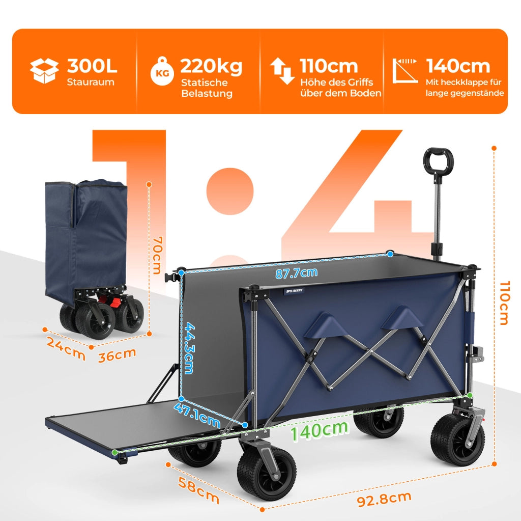 Carrello pieghevole da giardino 140 cm con sponda estensibile; in acciaio e tessuto Oxford; blu grigio