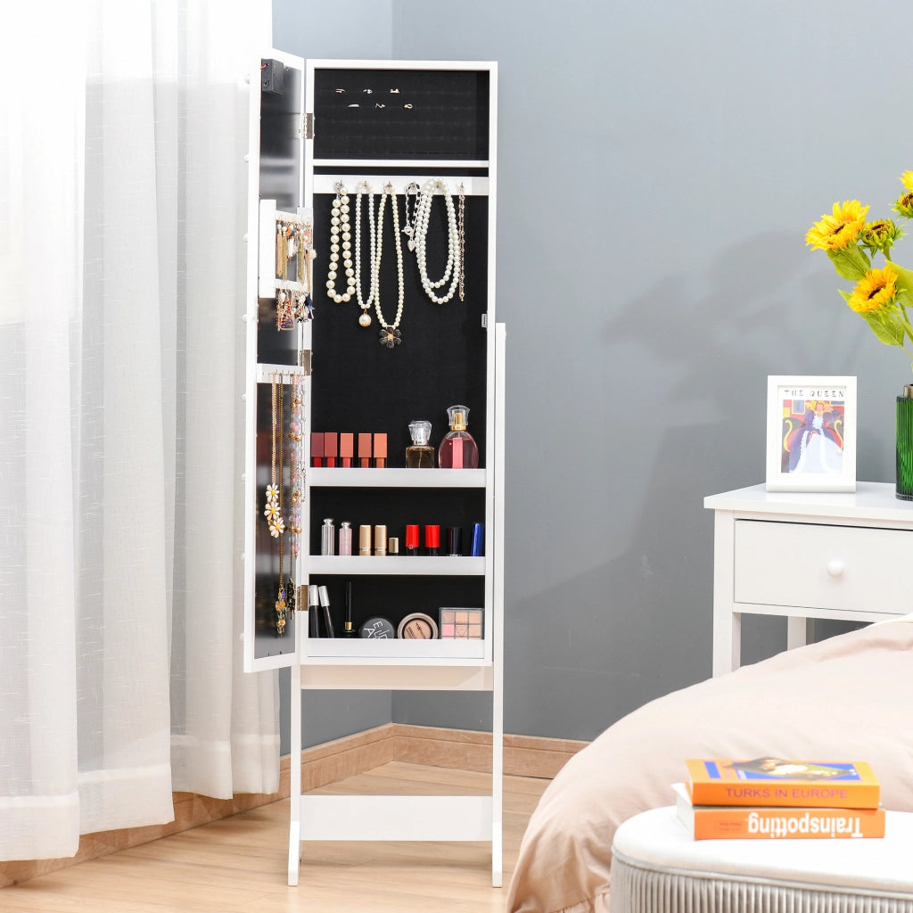 Armadietto Portagioie con Specchio Regolabile e Luci LED Bianco Caldo, 36x30x136 cm