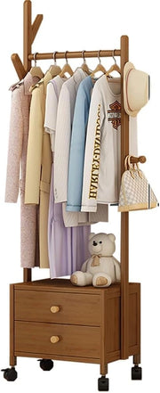 Appendiabiti in bambù con Ruote, Appendiabiti, Guardaroba Aperto con cassetto a 2 Ripiani, Appendiabiti Portatile Indipendente per Vestiti, Cappelli, Borse - L: 43/63/83 cm