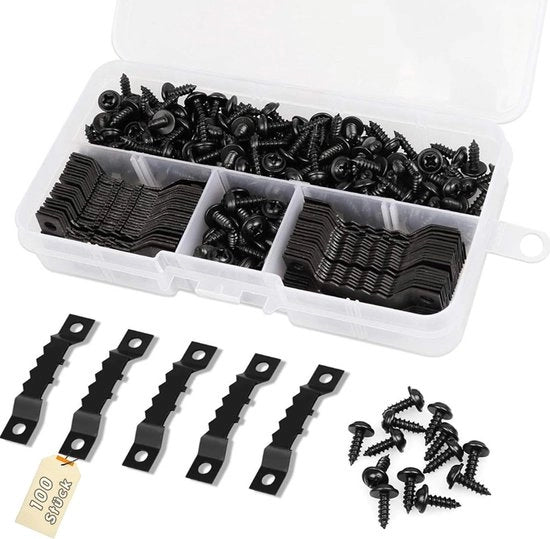 Set di appesi foto da 100 - Haken in metallo nero - Inclusi 200 viti - Duraturo e affidabile - Per cornici fotografiche e artigianato - Cassetto di conservazione pratica - Appeso foto