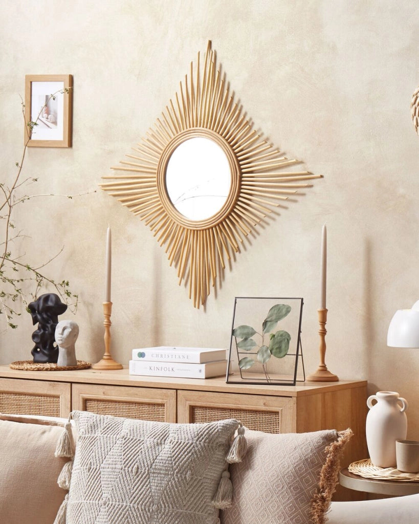 Specchio da parete in rattan naturale 60 x 60 cm Boho novità a forma di diamante ganci di montaggio rotondi soggiorno camera da letto