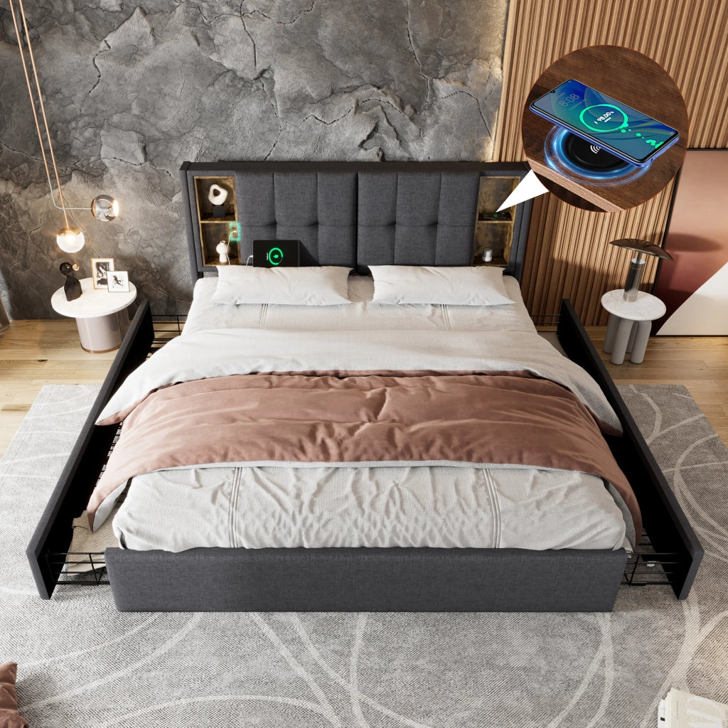 LETTO 160x200 cm in lino grigio con ricarica wireless, USB e 4 cassetti