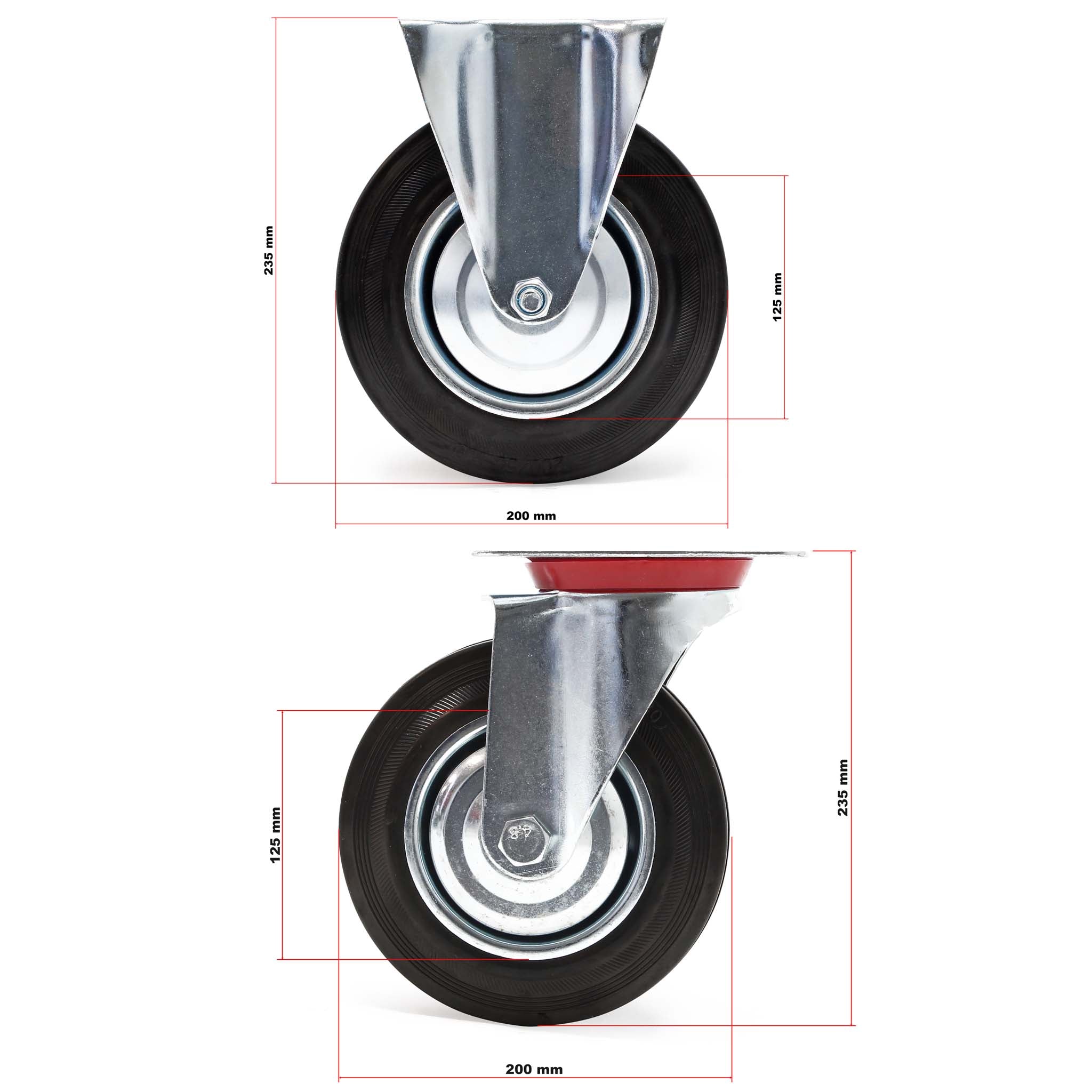 Set rotelle da trasporto 200 mm 2 ruote piroettanti 2 fisse, nucleo in metallo, 150 kg a ruota