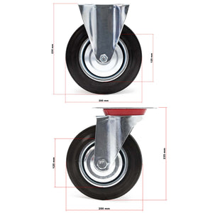 Set rotelle da trasporto 200 mm 2 ruote piroettanti 2 fisse, nucleo in metallo, 150 kg a ruota