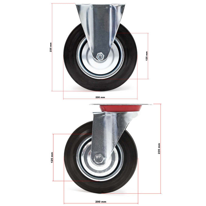 Set rotelle da trasporto 200 mm 2 ruote piroettanti 2 fisse, nucleo in metallo, 150 kg a ruota