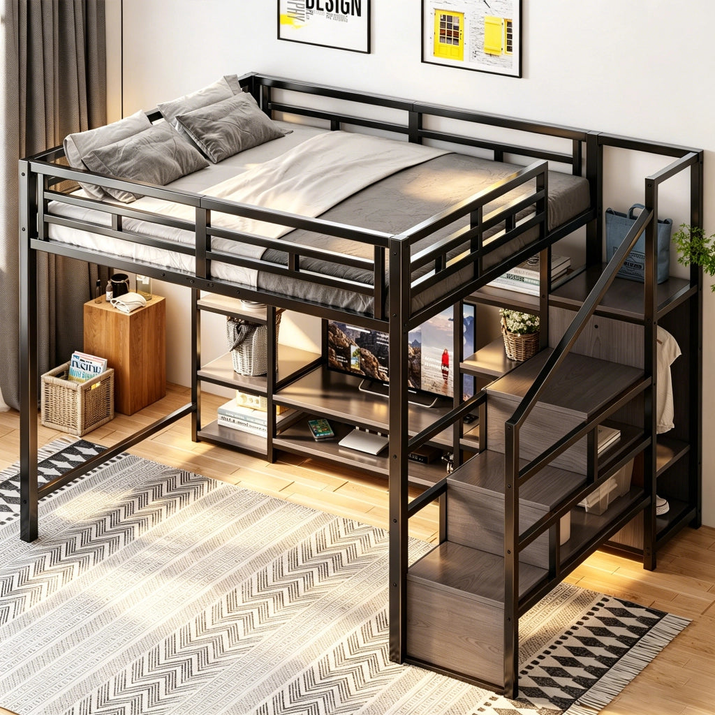 Hochbett 140x200 cm in metallo e MDF con supporto TV, presa integrata e scala contenitore, nero