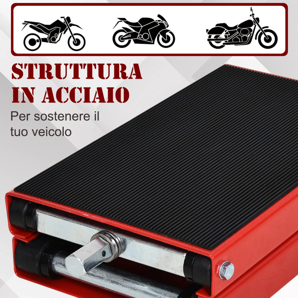 Cavalletto per Moto e Bici Antiscivolo max 500 kg con Altezza Regolabile, Cavalletto Alzamoto in Metallo e Gomma, per Garage, 41.5x23.5x10-37 cm, Rosso e Nero