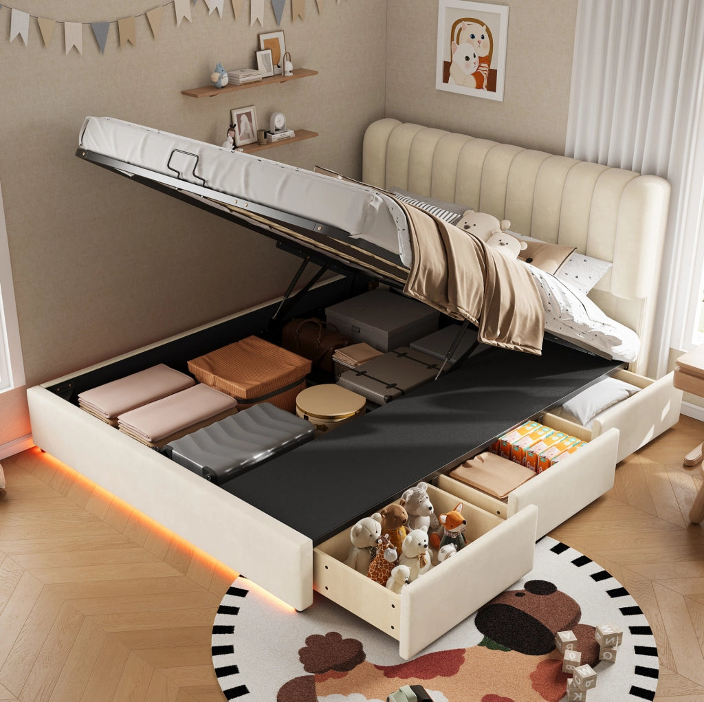 Letto 140x200 cm con contenitore idraulico; 3 cassetti e LED in velluto beige