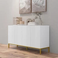 Credenza Moderna a 4 Ante con Chiusura Ammortizzata e Mensole Regolabili, 140x40x75cm, Bianco e Oro