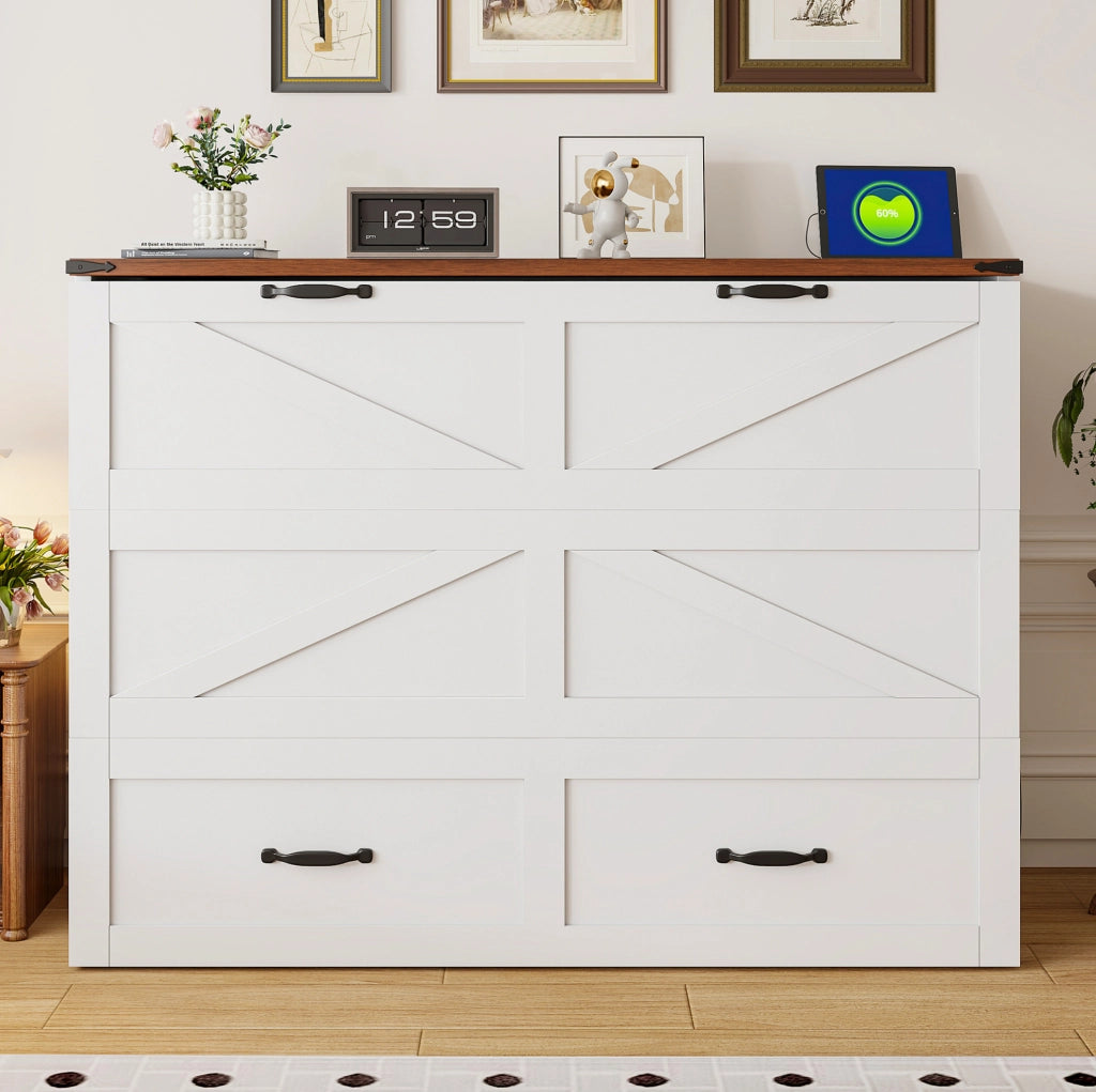 Letto a scomparsa pieghevole 140x200 cm in legno e metallo; bianco; con presa elettrica