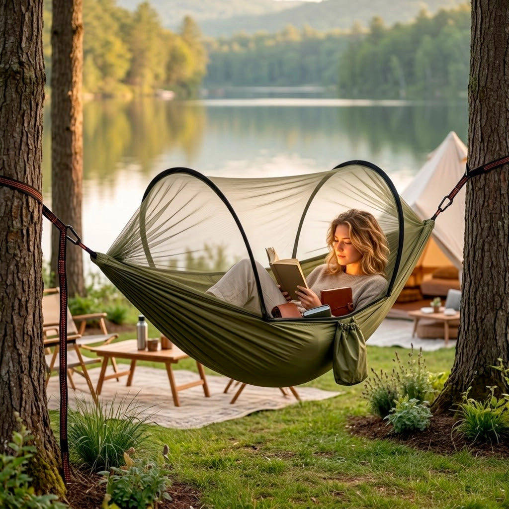 Amaca Portatile Con Zanzariera Integrata In Nylon Parachute 210T Per Campeggio Escursioni Giardino Supporto 300 Kg 270 x 140 Cm Verde Militare