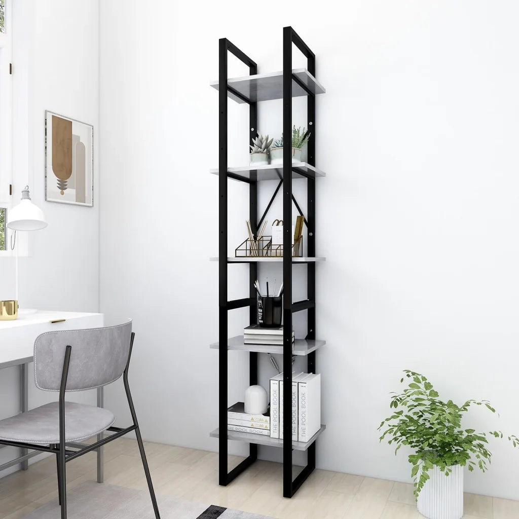 Libreria a 5 Ripiani-Scaffale per Libri-Mobile di Stoccaggio Grigio Cemento 40x30x175 cm in Multistrato