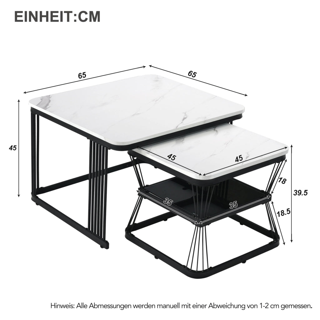 Set di 2 tavolini da salotto moderni in MDF effetto marmo; struttura in acciaio nero; bianco