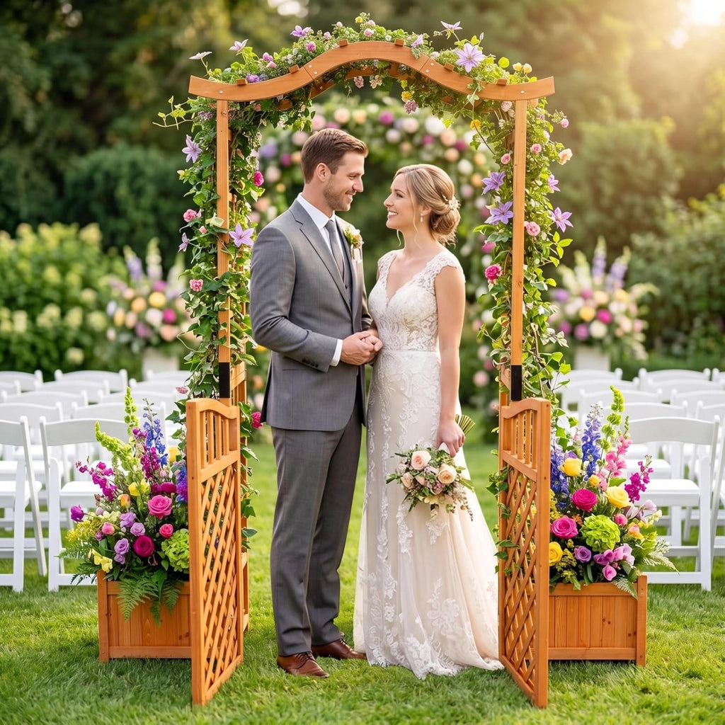 Arco da Giardino con Fioriere, Letto da Giardino Rialzato con Traliccio, Tetto, Fori di Drenaggio, Fondo Rimovibile e Cancelli Chiudibili, Pergolato da Esterno in Legno per Feste e Matrinomio