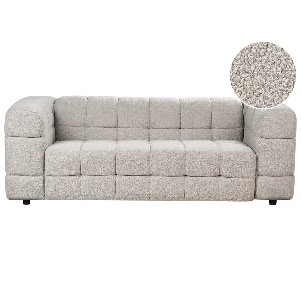Divano imbottito a 3 posti in tessuto poliestere boucle con gambe nere braccioli grigio chiaro stile moderno elegante