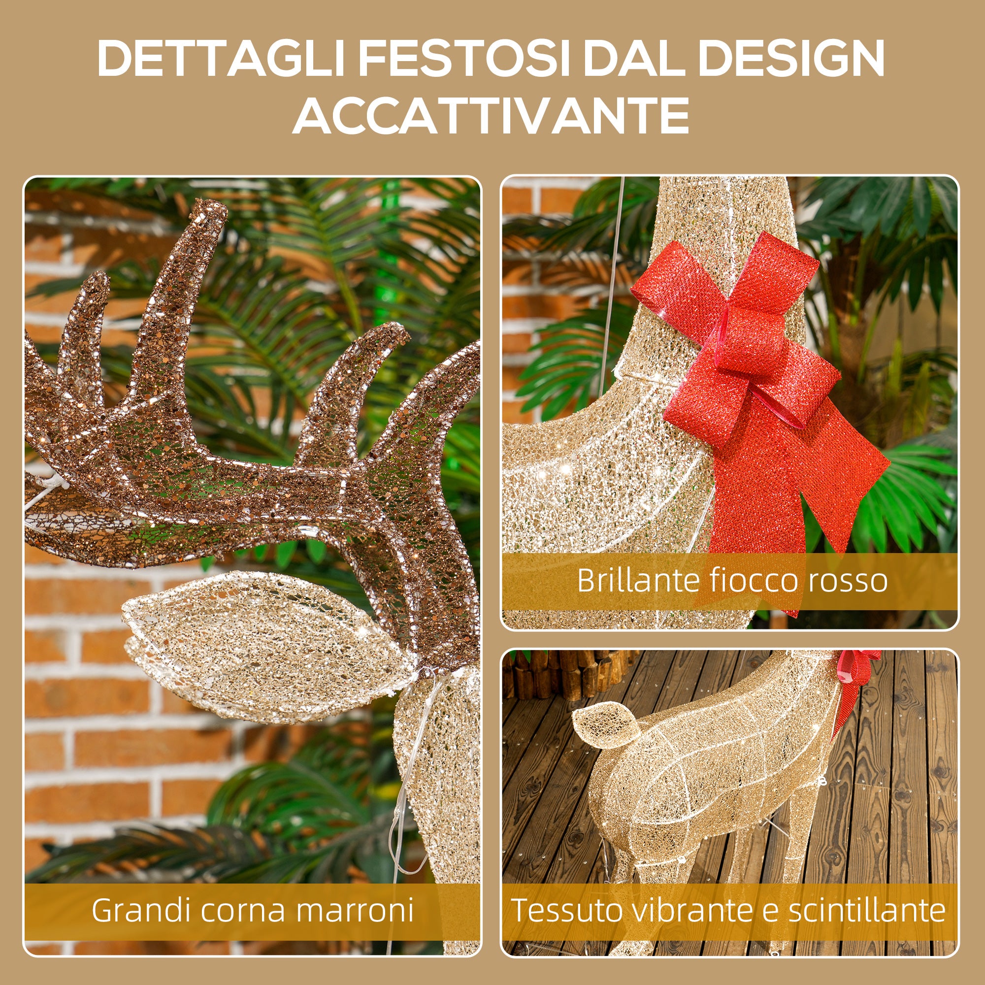 Decorazione Natalizia da Interno ed Esterno 66x25x135 cm a Forma di Renna con 137 Luci LED Oro