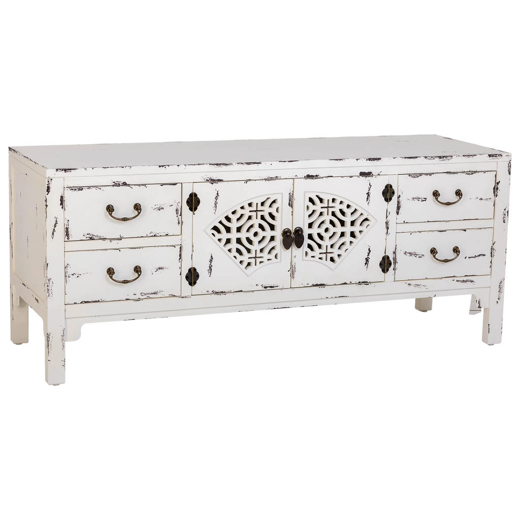 Mobile basso in legno laccato bianco, 4 cassetti 2 porte 120x40x50h cm