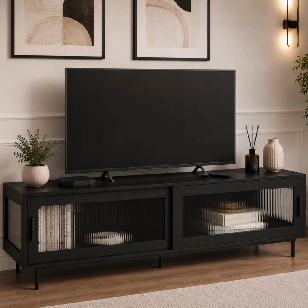 IDMarket - Mobile TV ZINEB 140 cm, 2 ante scorrevoli in vetro, frontale nero scanalato