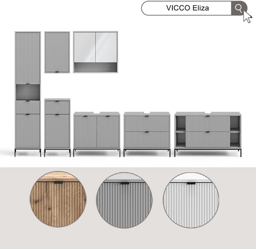 Set di mobili da bagno Eliza, Grigio, 100 cm, composto da mobile sottolavabo, specchiera e colonna alta