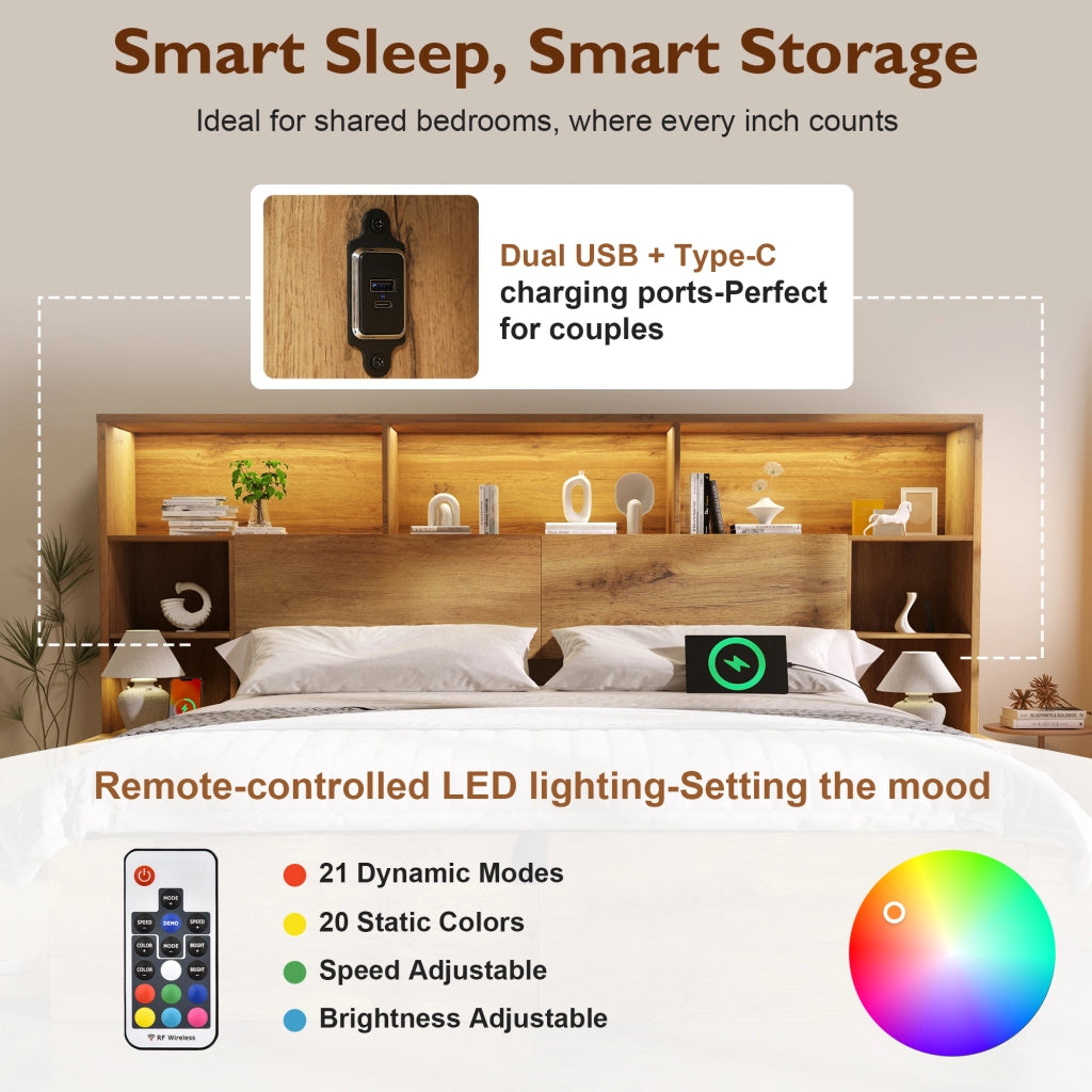 OKWISH Letto Contenitore 160×200 cm, Letto Matrimoniale con LED Regolabile, USB e Tipo C, Mensole e Comodini Integrati, con Materasso, Rovere