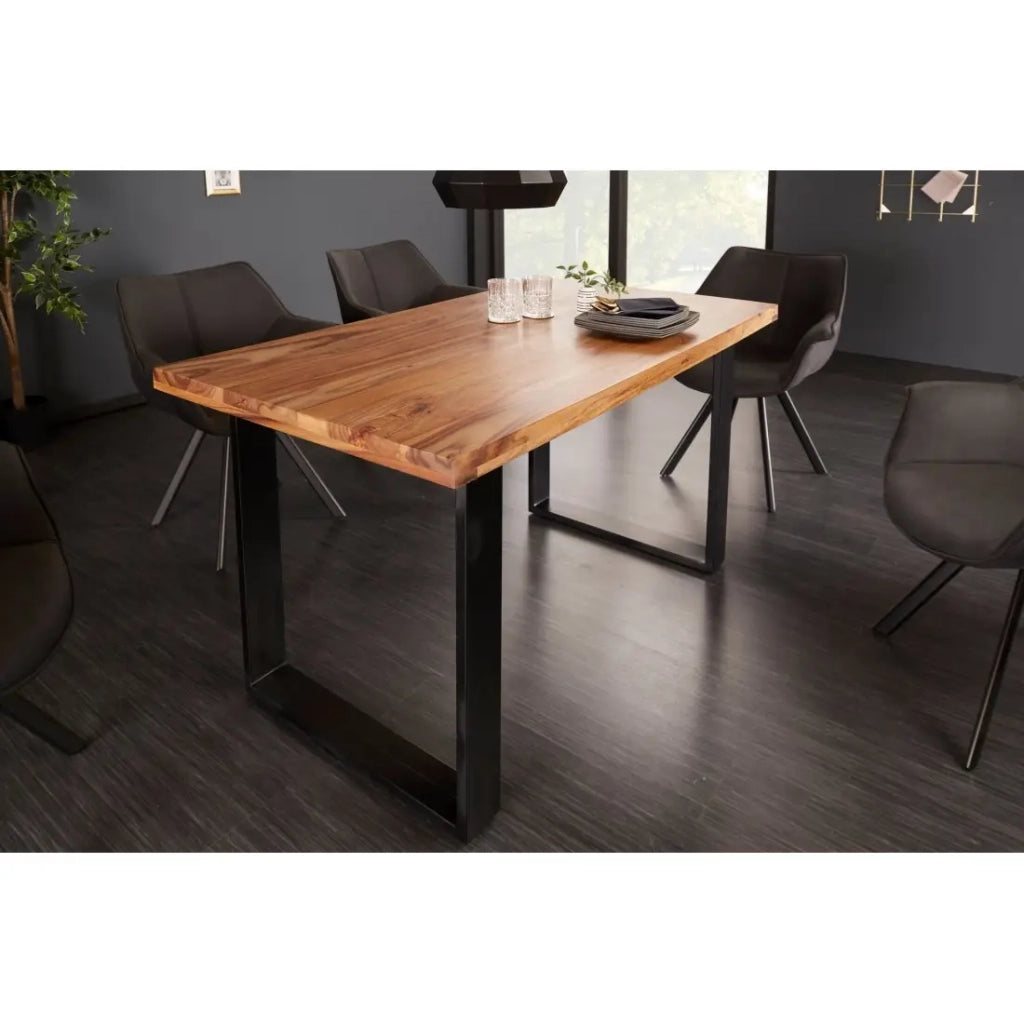 Table LODEN 140 cm - Piano in legno massiccio di sheesham verniciato - Gambe a U in metallo nero