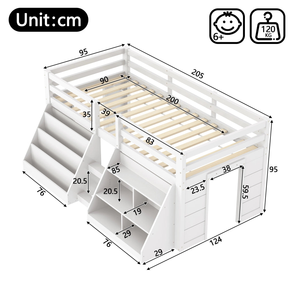Letto a soppalco 90x200 cm con LED; contenitori aperti; scala e sponde; bianco