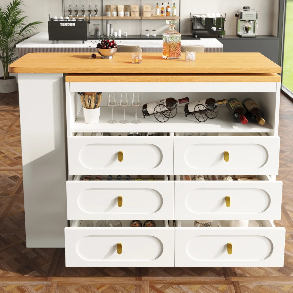 OKWISH Tavolo Bar Allungabile con 6 Cassetti e Ripiano Laterale, Piano Girevole a 360°, per Cucina e Soggiorno 137×39×90 cm