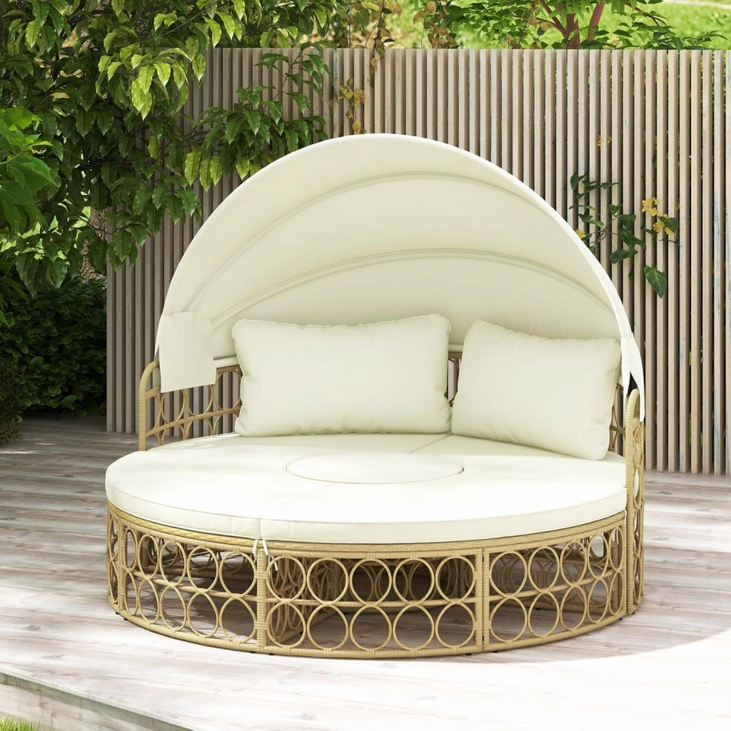 Divano letto rotondo con tenda retrattile, lettino modulare in rattan PE da 5 pezzi, set di mobili da giardino, 180x150 cm, per veranda, posteriore, piscina
