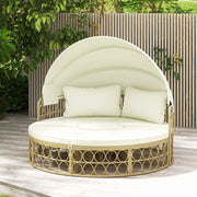 Divano letto rotondo con tenda retrattile, lettino modulare in rattan PE da 5 pezzi, set di mobili da giardino, 180x150 cm, per veranda, posteriore, piscina