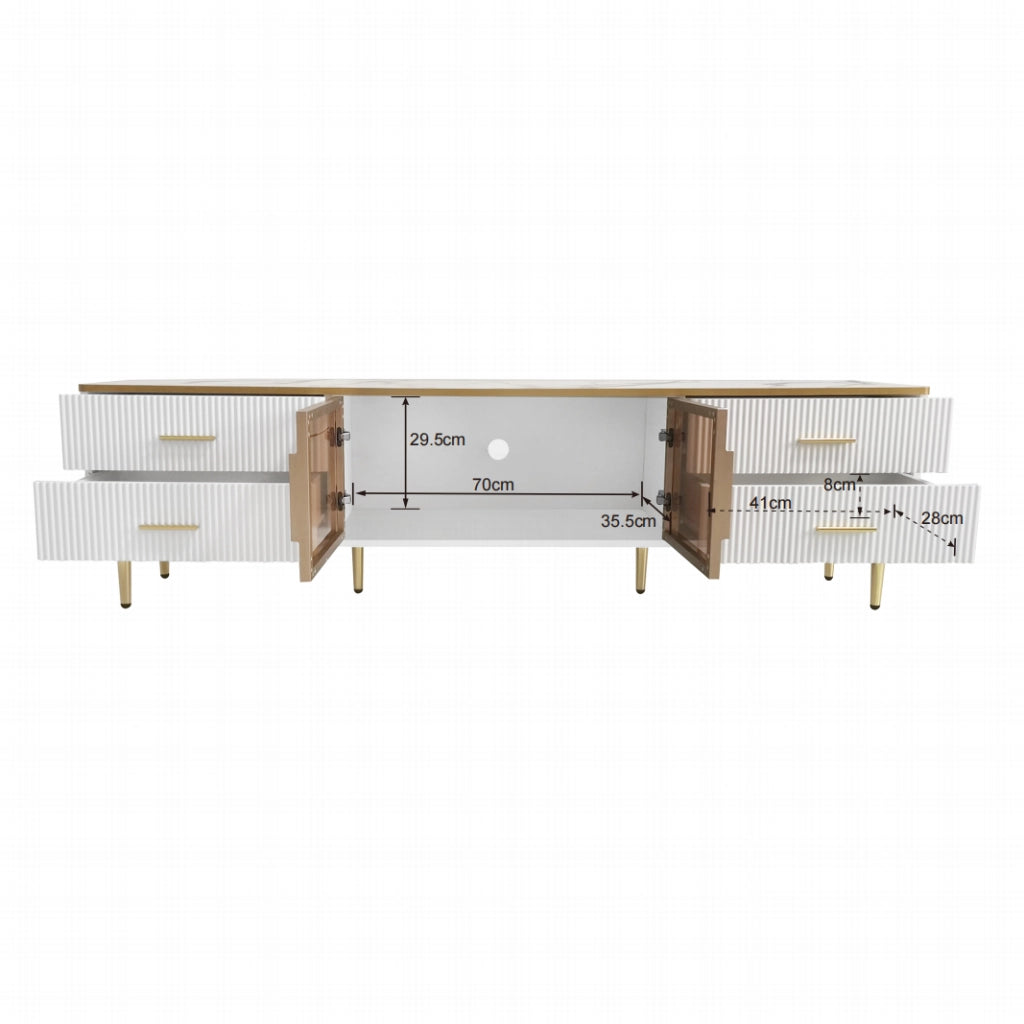 Mobile TV con 4 Cassetti; 2 Ante in Vetro Temperato e LED; per Soggiorno; in Truciolare; 170 × 37 × 47.5 cm; Bianco