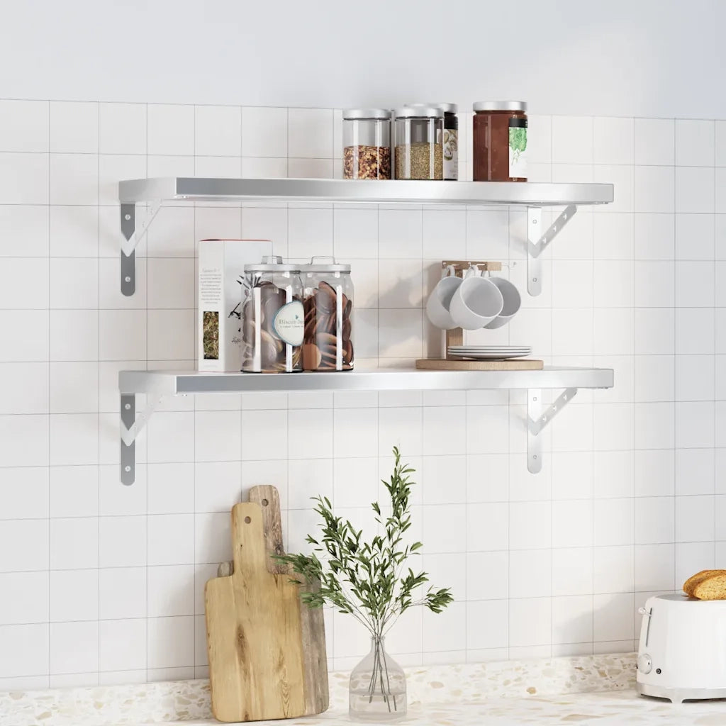 2 pz Mensole a Muro | Scaffale Parete | Ripiano a parete 75x23,5 cm Argento in Acciaio Inossidabile