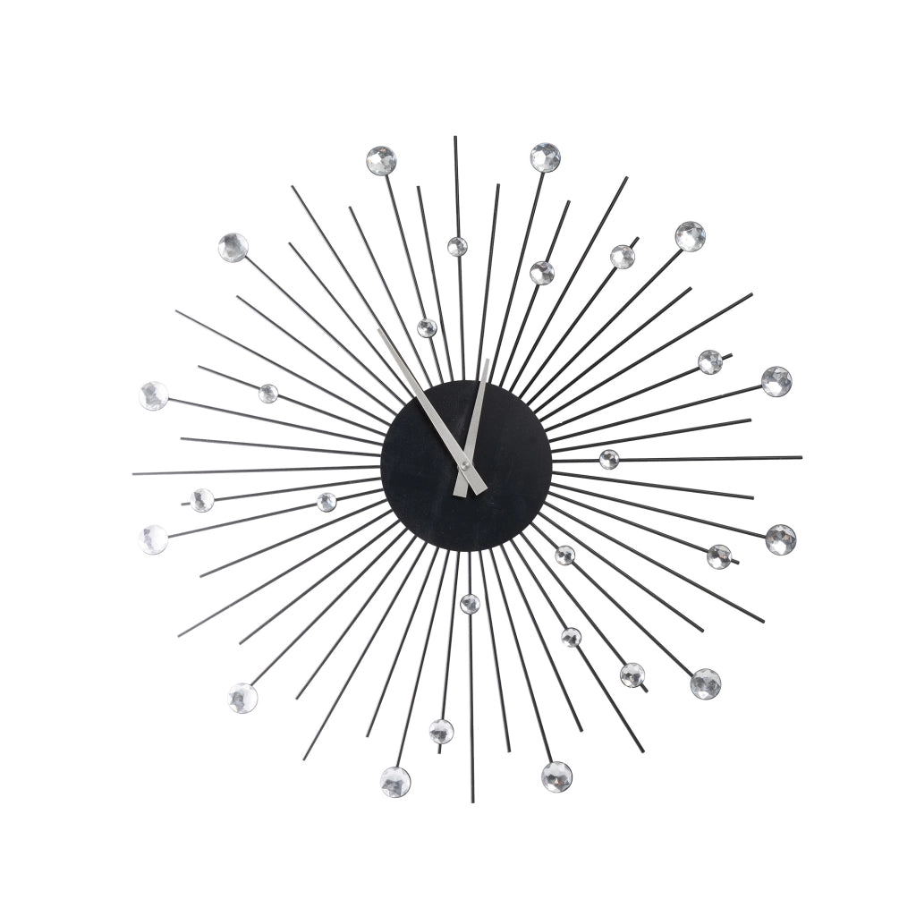 Orologio da Parete Decorativo Moderno 57 cm con Cristalli Brillanti e Struttura Radiale in Metallo Nero per Soggiorno Camera da Letto e Ingresso