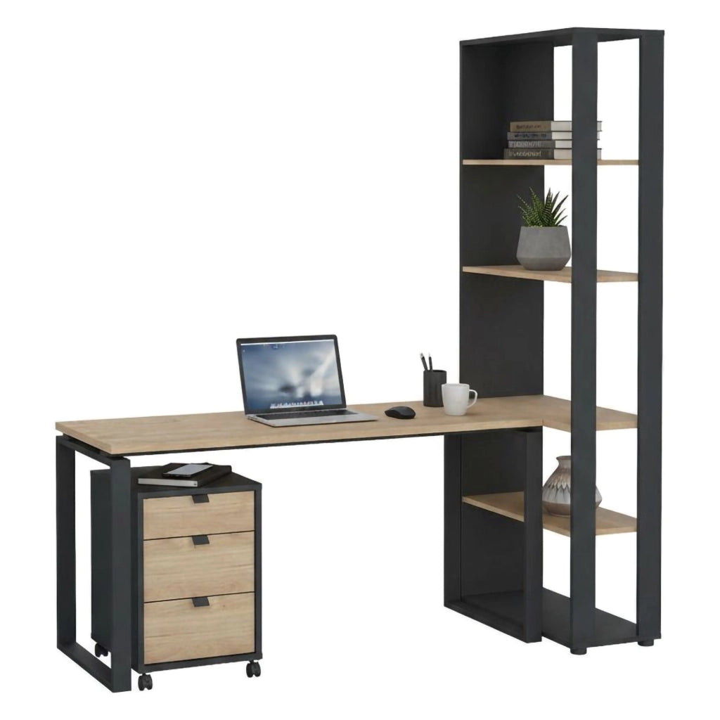 Scrivania Etienne, Scrittoio multiuso, Tavolo per ufficio porta PC, Piano di lavoro, 184x80 h205 cm, Rovere e Grigio