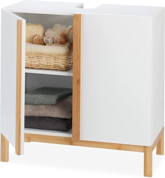 Cassetto di scarico per bagno a 2 vani - Cassetto in bambù e MDF - Dimensioni: 605x60x305cm - Sifone con foro di scarico bianco/naturale