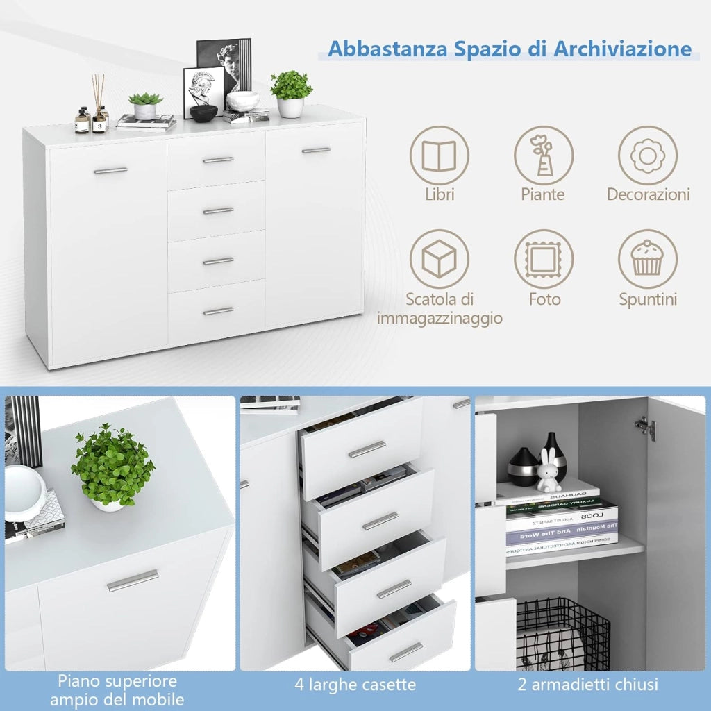 Armadio di Legno con 4 Cassetti e 2 Ante, Credenza Cassettiera di Stoccaggio con Ripiani Regolabili, Mobile Comò per Salone Camera da Letto Ingresso,123 x 34,5 x 82 cm (Bianco)